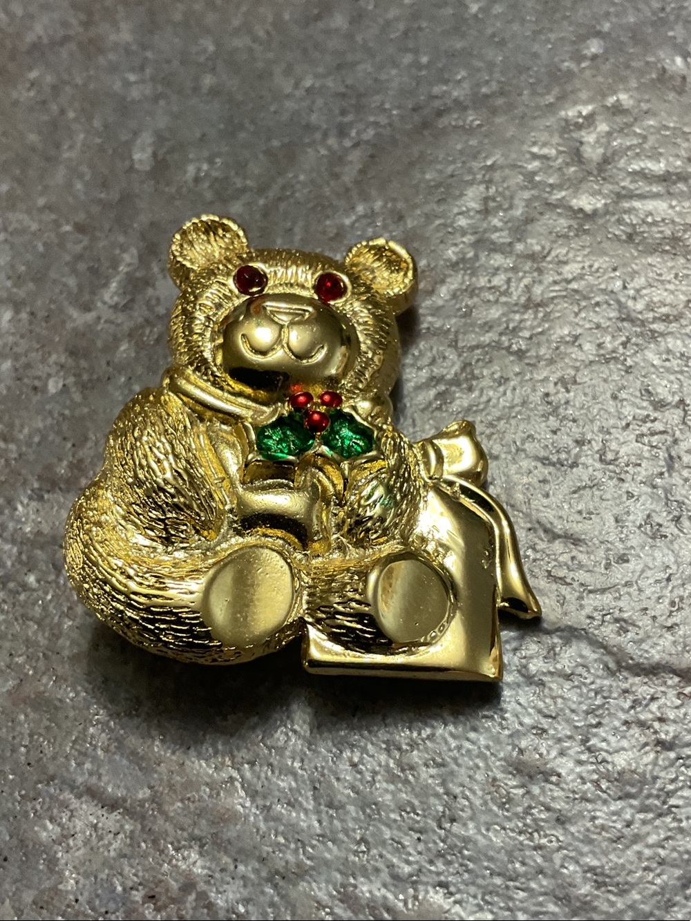 Gold-Tone Teddy Bear Brooch with Red and Green Accents